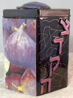 Tzedakah Box - Hand Painted On Tin In Motif Figs 