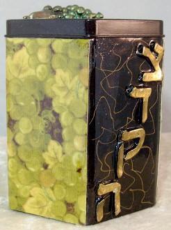 Tzedakah Box - Hand Painted On Tin In Motif Green Grapes 