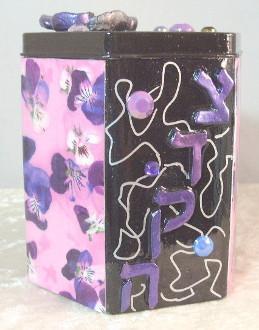 Tzedakah Box - Hand Painted On Tin In Motif Pink and Purple Pansies 