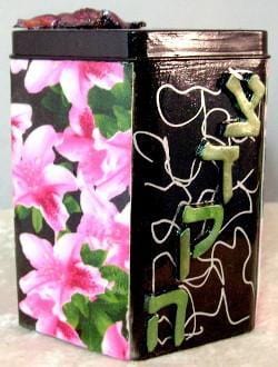 Tzedakah Box - Hand Painted On Tin In Motif Pink Lilies 