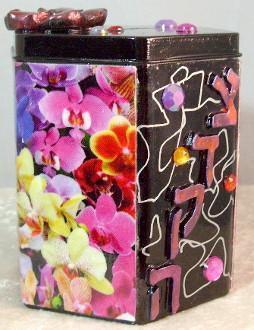 Tzedakah Box - Hand Painted On Tin In Motif Rainbow Orchids 