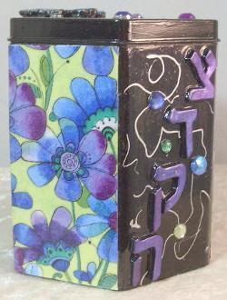 Tzedakah Box - Hand Painted On Tin In Motif Retro Flowers 