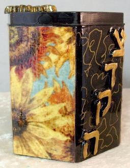 Tzedakah Box - Hand Painted On Tin In Motif Sunflowers 