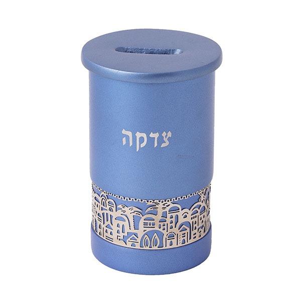 Tzedakah Box + Metal Cutout Jerusalem - Blue 