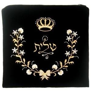 Velvet Tallit Bag Floral Design Black Large Embroidery to 10 letters