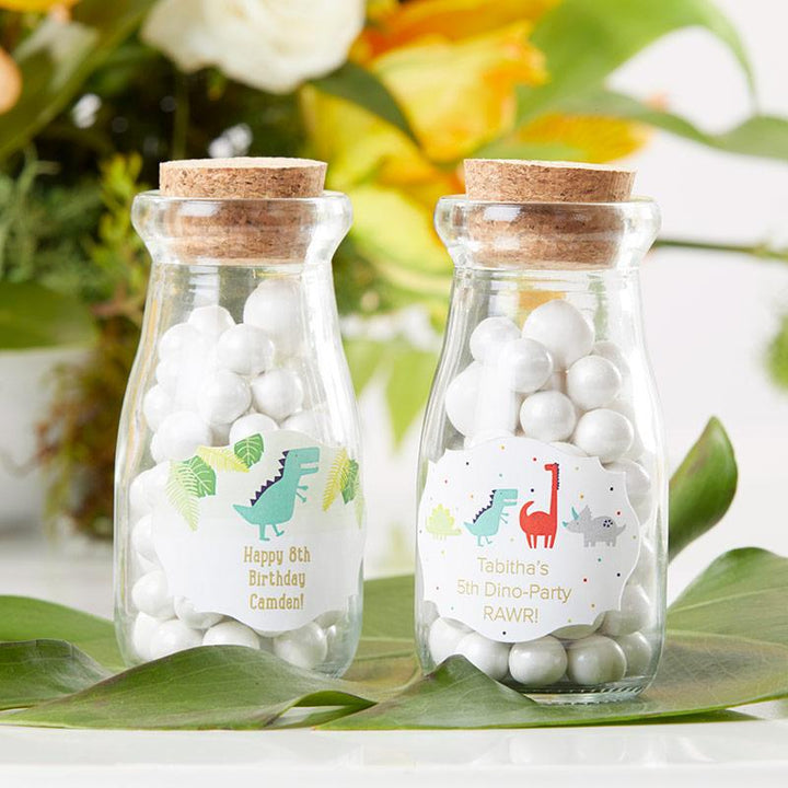 Vintage Milk Bottle Favor Jar with Chalk Heart Labels (Set of 12) Vintage Milk Bottle Favor Jar - Dino Party (Set of 12) (Personalization Available) 