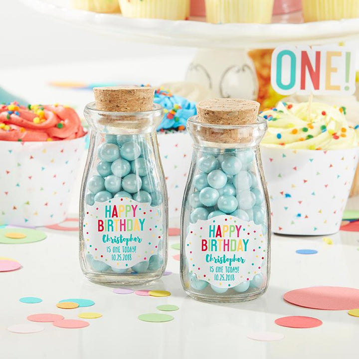 Vintage Milk Bottle Favor Jar with Chalk Heart Labels (Set of 12) Vintage Milk Bottle Favor Jar - Happy Birthday (Set of 12) (Personalization Available) 