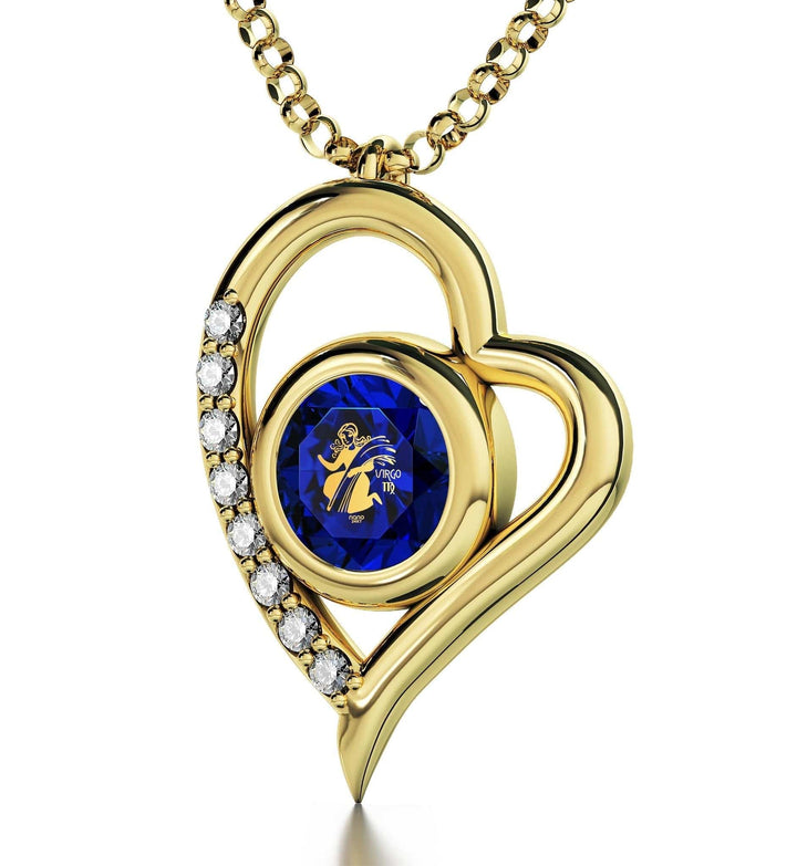 Virgo Sign, 14k Gold Diamonds Necklace, Swarovski Necklace Blue Sapphire 