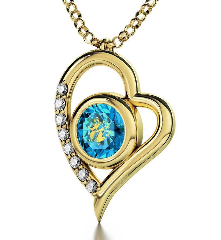 Virgo Sign, 14k Gold Diamonds Necklace, Swarovski Necklace Turquoise Blue-Topaz 