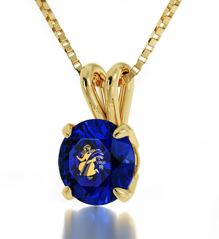 Virgo Sign, 14k Gold Necklace, Swarovski Necklace Blue Sapphire 