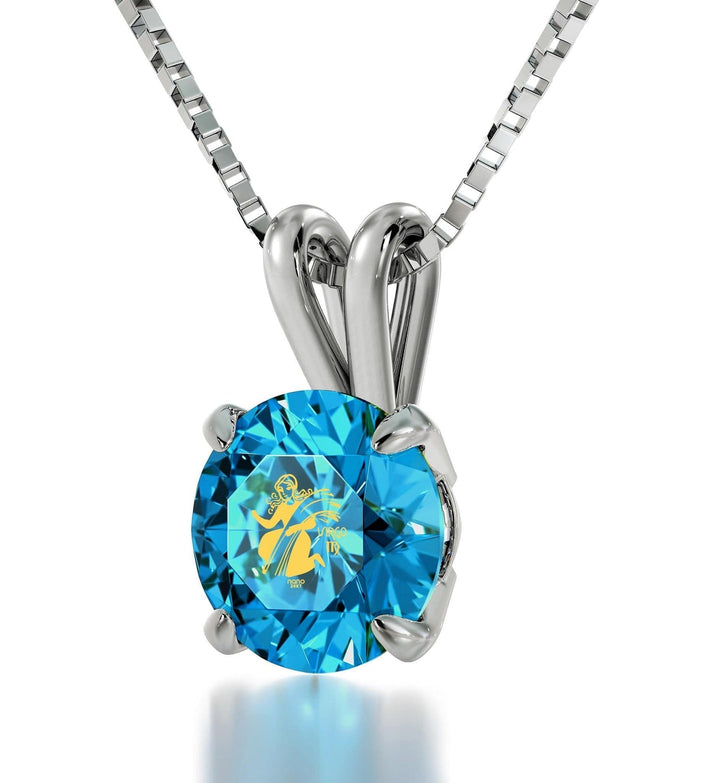 Virgo Sign, 925 Sterling Silver Necklace, Swarovski Necklace Turquoise Blue-Topaz 