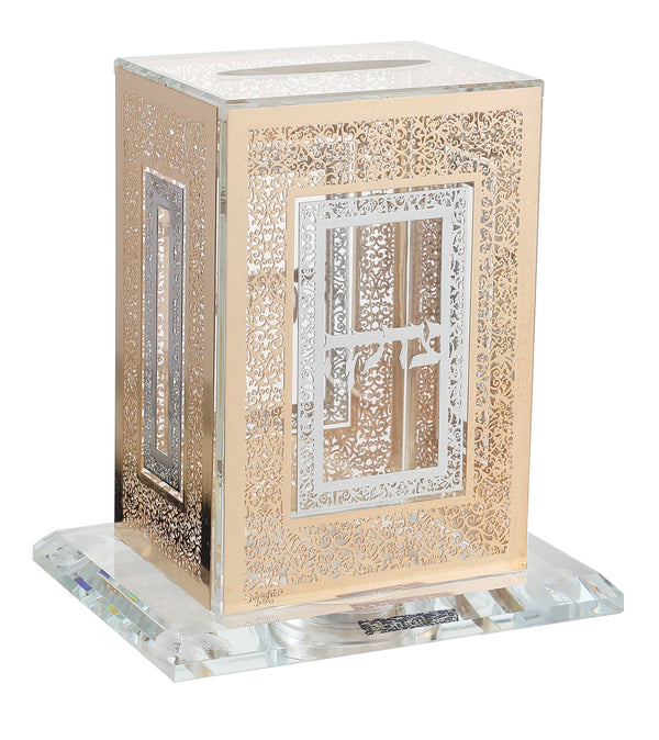 Crystal Tzedakah Holder with Gold and Silver Plates-0