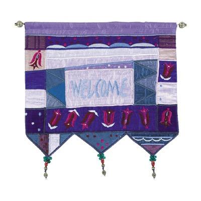 Wall hanging-Welcome in English+flowers-blue 