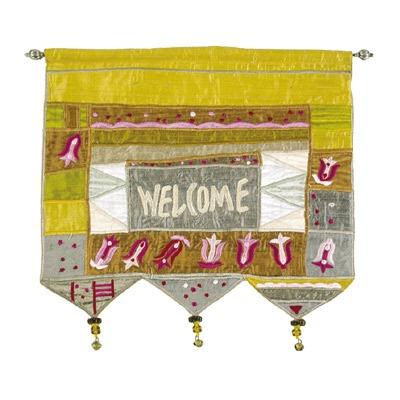 Wall hanging-Welcome in English+flowers-gold 