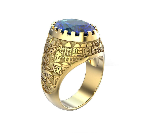 White and Gold Jerusalem Ring Yellow Gold Blue Sapphire 