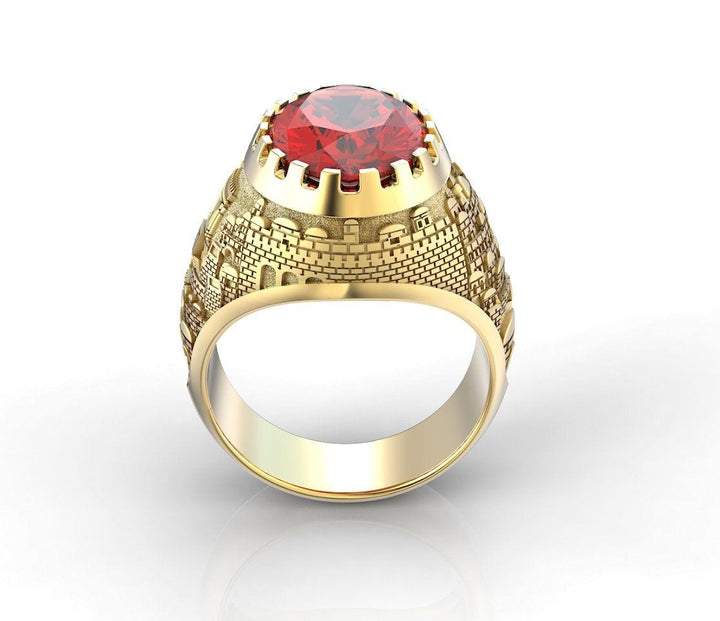 White and Gold Jerusalem Ring Yellow Gold Red Garnet 