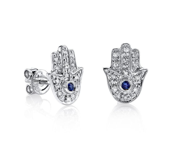 White Gold Diamond Stud Blue Sapphire Hamsa Earrings 