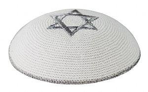 White Knit Kippot with Silver Star 