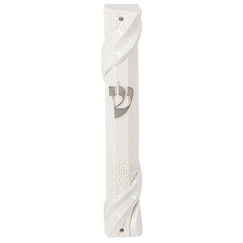 White Plastic Mezuzah 20 Cm With Rubber Cork - "jerusalem" Ornaments 7075 