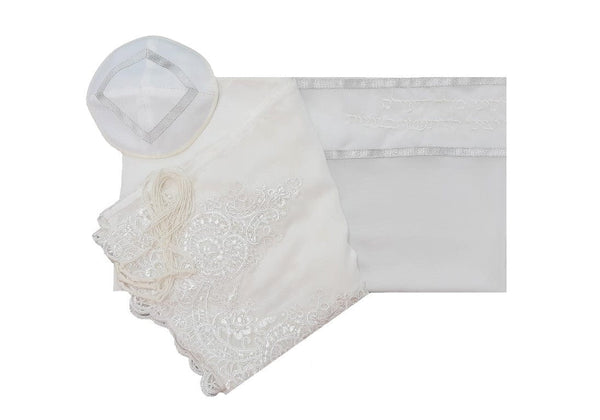 White Tallit with White Lace Decoration on Silk Tallit for Women, Feminine Tallit