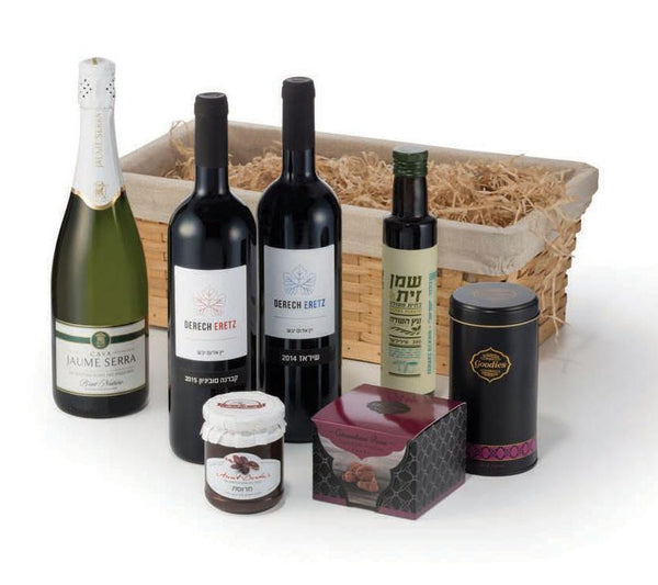 Wines Olive Oil And Chocolates In A Decorative Straw Basket 