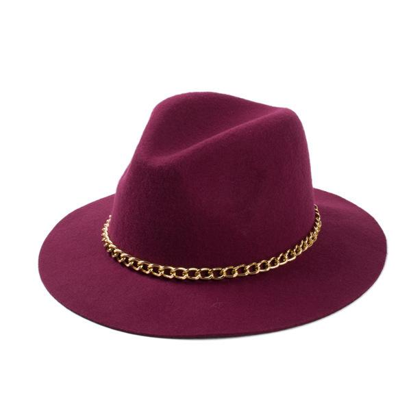 Women'S Wool Black / Burgundy / Red Fedora Hat With Gold Chain Headwear 