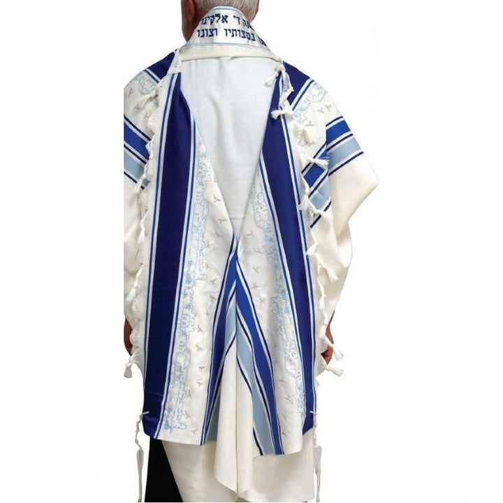 Wool Tallit David's Jerusalem Wide Striped Tallit Blue Jerusalem 55&quot;x72&quot; (140/180 cm) #60