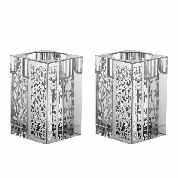 Set of Crystal Tealight Candle Holders 4 Silver Plates Leaves Design-0