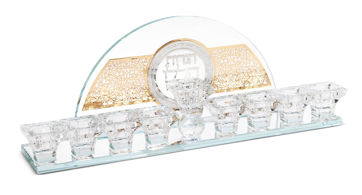 Crystal Menorah with Silver & Gold Blessing Plates-0